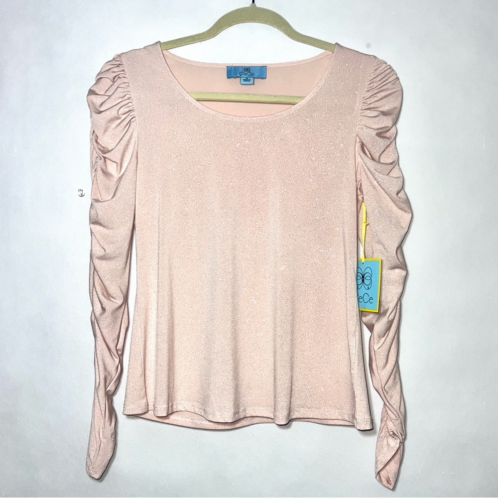 NWT CeCe Women's‎ Shimmer Blouse Long Ruched Sleeve Sz S Blush Gold Glitter